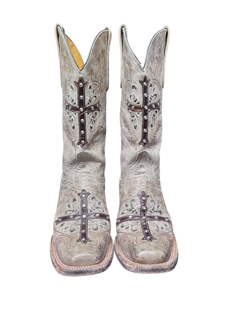 CAVENDER'S tan & brown distressed leather blingy cross cowgirl boots sz 7 EUC